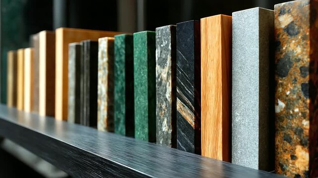 Vibrant collection of vertical panels, defocused diverse textures showcasing, marble wood terrazzo stone for design, material selection, with copy space