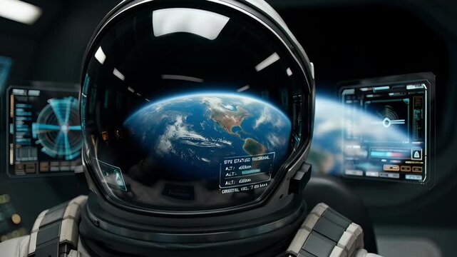 Astronaut gazes at Earth through helmet visor reflecting a vibrant planet in space exploration and scientific discovery