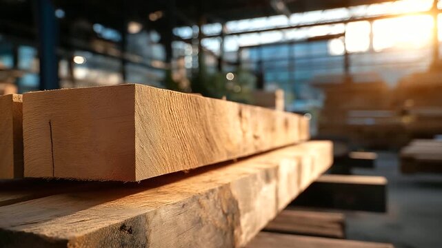 Stacked rough-cut timber planks, defocused warm golden sunlight bathed, bustling wood warehouse inside, natural textures and industrial production, with copy space