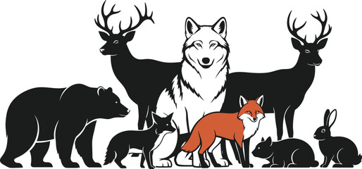 Forest Animal Silhouette Collection with Deer Fox Wolf Bear and Rabbit Minimal Wildlife Vector Illustration Set Isolated on White Background