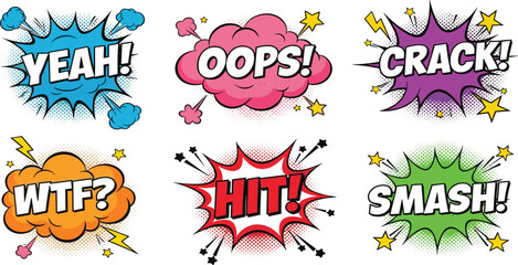 Comic Speech Bubble Explosion Set with Yeah Oops Crack Smash WTF and Hit Pop Art Style Sound Effects for Comics, Stickers, and Graphic Design © Selim Studio
