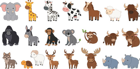 Cute Cartoon Zoo and Farm Animals Collection with Elephant, Giraffe, Zebra, Cow, Horse, Sheep, Gorilla, Monkey, Koala, Sloth, Deer, Rhino Vector Set © Selim Studio