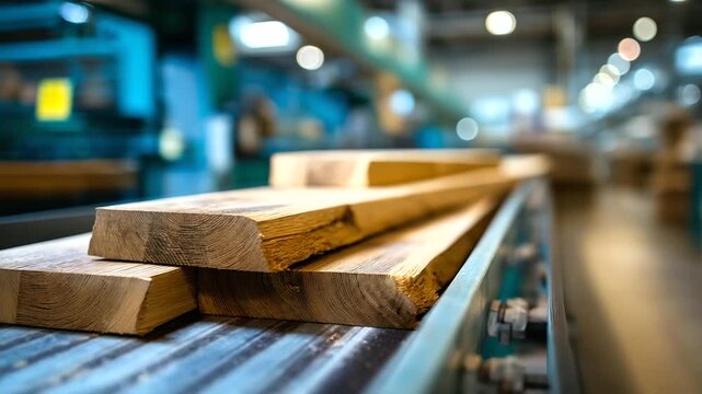 Close-up natural oak wood flooring planks, defocused tongue and groove joints on conveyor belt, modern woodworking factory, quality production process, with copy space