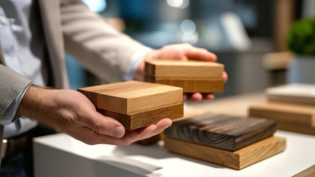 Faceless hand holding wooden sample, defocused various wood finishes on white table, interior design selection, material comparison, with copy space