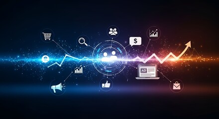 A vibrant digital marketing concept showcases business growth with a luminous line graph and various icons.