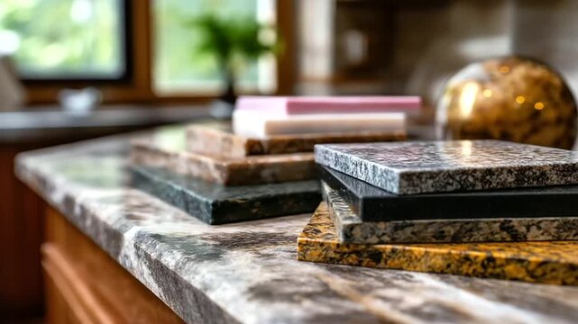Collection of diverse natural stone countertop samples, defocused marble granite quartz, various colors and textures, interior materials, with copy space