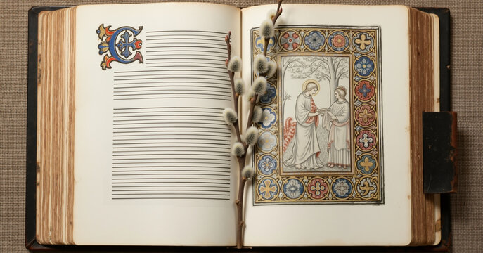 A willow branch is tucked between the pages of an ancient psalter with yellowed pages. The background is canvas.