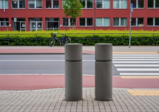 Two concrete bollards on a sidewalk