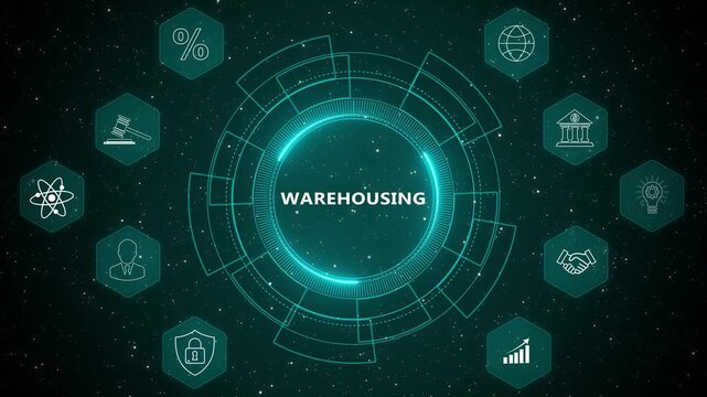 Digital warehousing logistics management interface with inventory tracking supply chain distribution system warehouse operations technology concept 4K animation