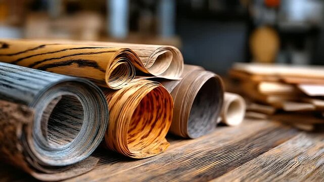 Collection of natural wood veneers in rolls, defocused rustic table, different grains and shades highlighting, woodworking carpentry and design, with copy space