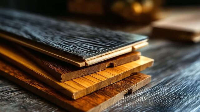 Close-up engineered hardwood flooring samples, defocused dark and light wood grains showcasing, tongue and groove profiles, home renovation, with copy space