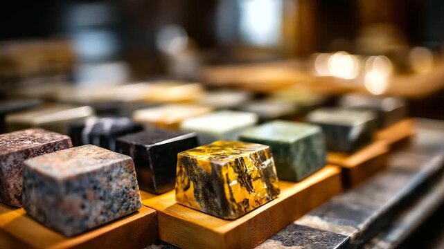 Vibrant collection of natural marble granite, defocused engineered composite stone material samples, interior design materials, surface selection, with copy space
