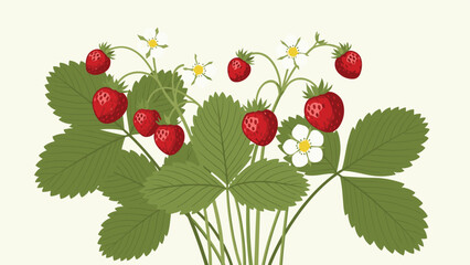 Obraz premium Lush cluster of wild strawberry plants, bursting with ripe red berries and delicate white flowers, symbolizing natural abundance.