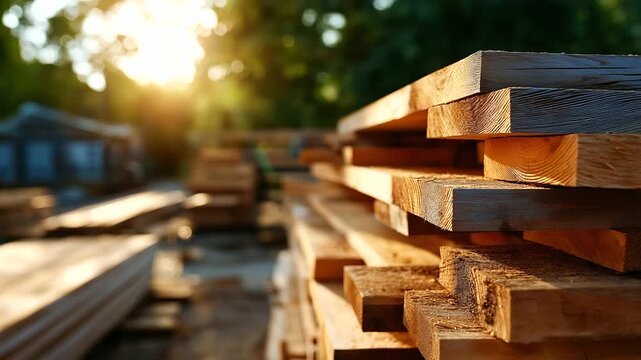 Large stacks of freshly cut wooden planks, defocused neatly piled at outdoor timber yard or sawmill, warm golden sunlight bathed, with copy space