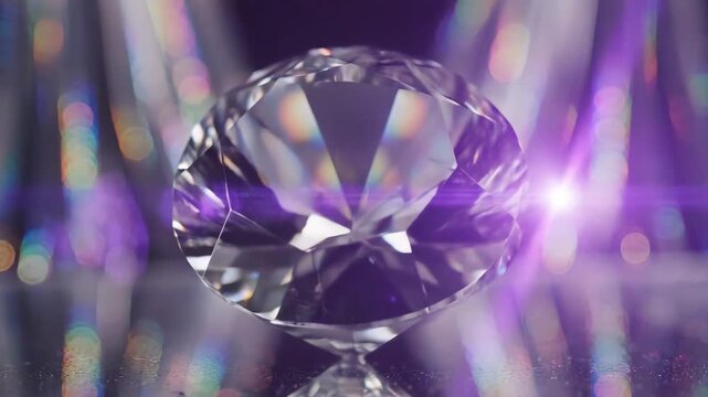Sparkling Diamond Gemstone with Rainbow Refractions and Bokeh Lights.