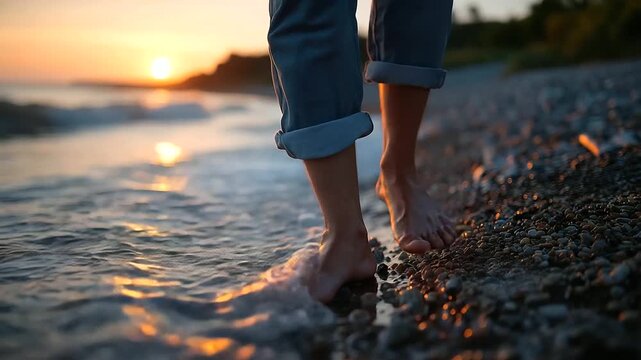 Faceless person silhouette walking along shore at sunset, defocused serene atmosphere creating, gentle waves lapping at feet, freedom and relaxation feelings, with copy space