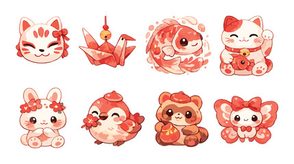 Fototapeta premium Assorted japanese animal charms and ornaments on dark backdrop