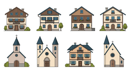 Naklejka premium Charming collection of traditional European-style houses and churches, depicted with warm colors and a clean, flat design aesthetic.