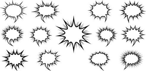 Hand Drawn Comic Explosion Burst Shapes Set with Speech Bubble Effects, Pop Art Boom Frames, and Dynamic Impact Elements for Cartoon Design © Selim Studio