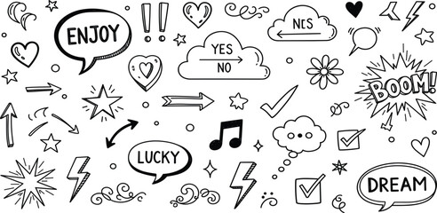 Hand Drawn Doodle Speech Bubble Icon Set with Enjoy, Dream, Lucky, Boom Text, Arrows, Stars, Lightning and Cute Sketch Elements © Selim Studio