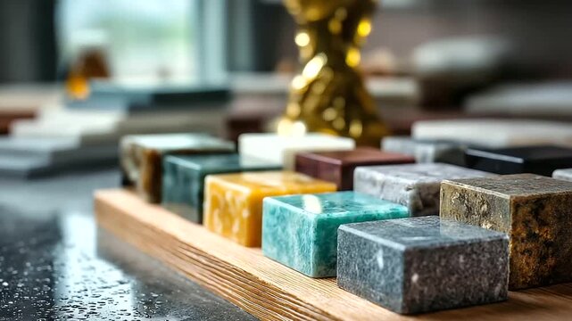 Diverse stone samples marble terrazzo granite, defocused water droplets, ideal for interior design concepts, surface materials, architectural finishes, with copy space