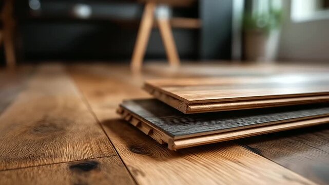 Close-up engineered hardwood flooring samples, defocused dark and light wood grains showcasing, tongue and groove profiles, home renovation, with copy space