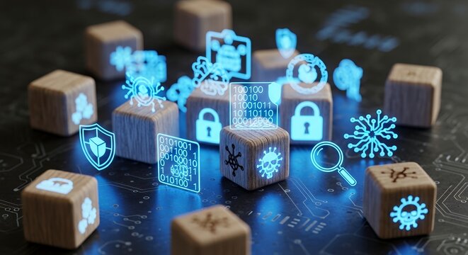 Wooden cubes feature various cybersecurity and digital threat icons, with some symbols glowing in blue light.