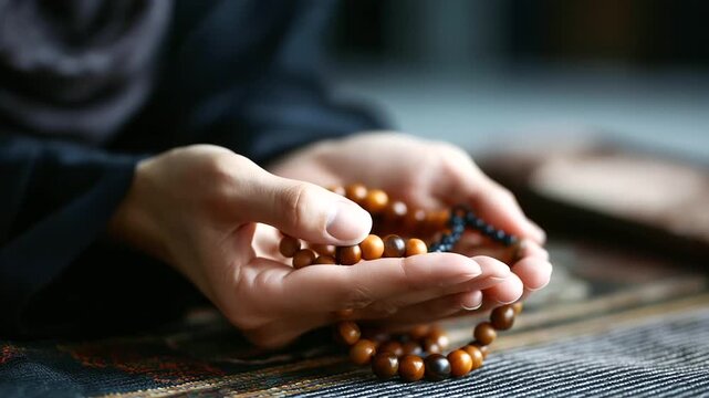 Close-up faceless hands holding prayer beads tasbih, defocused during Islamic prayer on mat, faith devotion and spiritual connection symbolizing, with copy space