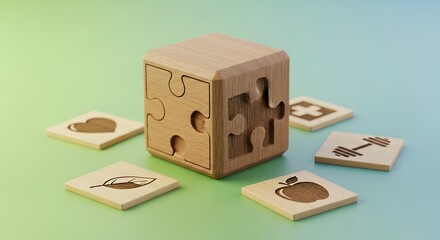 Obraz premium A wooden puzzle cube is surrounded by health and wellness icons on a soothing gradient background.