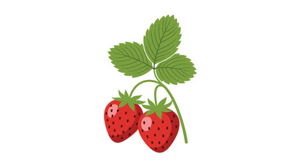 Delightful flat illustration of a small strawberry plant, featuring lush green leaves and two ripe, red, juicy strawberries, ready for picking.