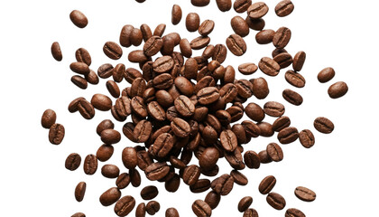 Obraz premium Dynamic explosion of roasted brown coffee beans falling in mid-air, isolated on a transparent background.