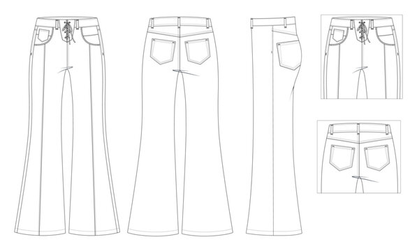 Women's Bootcut Pants Technical Flat Sketch: Multi-View Fashion Template Featuring Front, Back, and Side Profile with Lace-Up Waist and Pocket Details