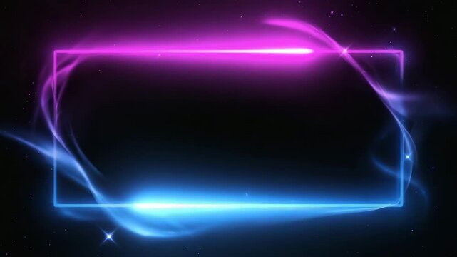 Vibrant neon lights dance across a sleek digital frame in space, futuristic design concept
