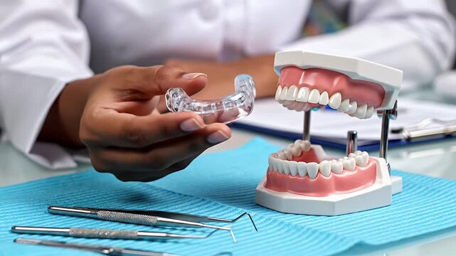 Dentist holding clear dental aligner next to tooth model on bib