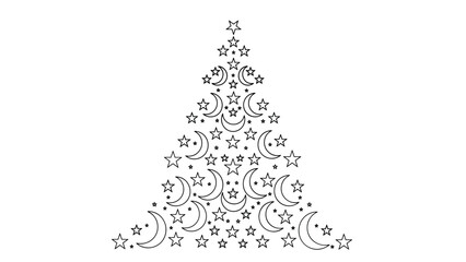 Fototapeta premium Unique black and white line art Christmas tree creatively formed from an enchanting pattern of crescent moons and twinkling stars.