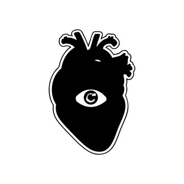 Anatomical heart illustration with eye symbol in surreal style. Mystical conceptual artwork representing awareness, emotion and perception.