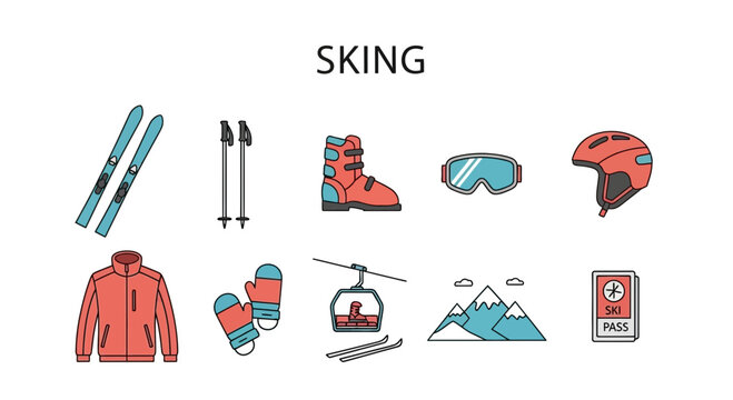 Icons for skiing equipment and elements arranged in two rows under the title SKING