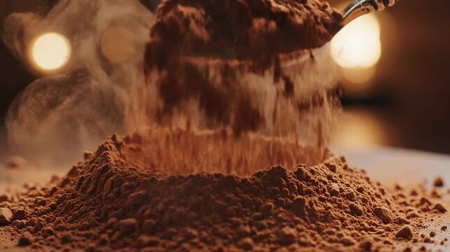 Rich cocoa powder scooped from a pile with a decorative spoon, creating a cloud of dust