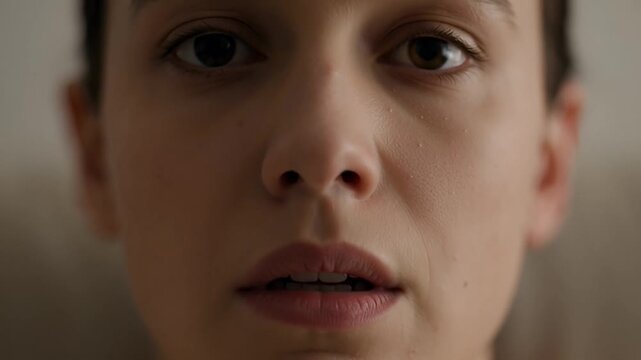 Striking close-up portrait capturing the essence of youthful introspection, focusing on the solemn gaze and subtle emotions within a quiet moment