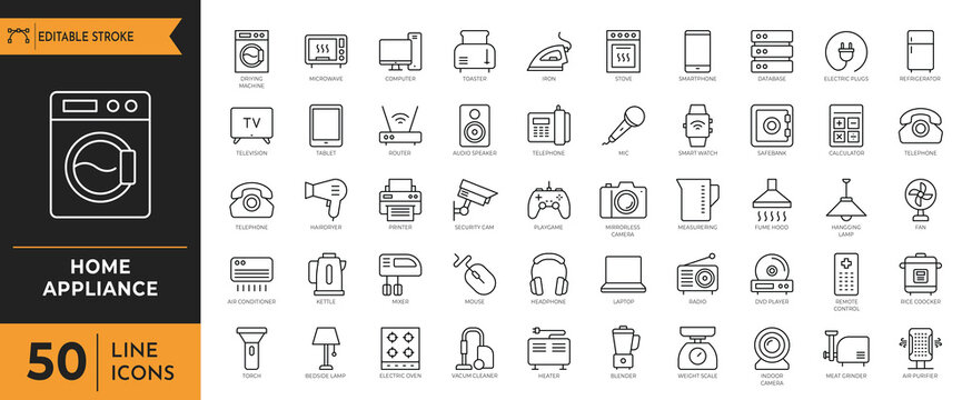 A collection of line icons depicting various home appliance objects and devices on a white surface