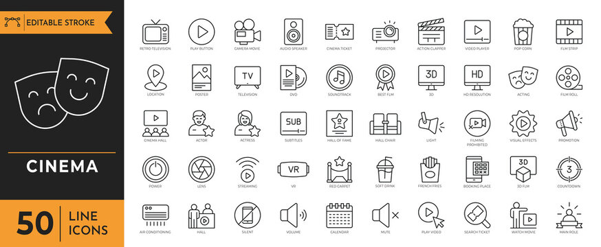 A cinematic illustration of various icons and symbols related to film and media.