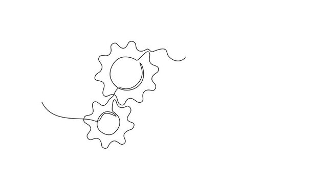 Continuous line drawing of four gears working in harmony motion on white background