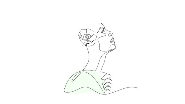 Continuous line drawing animation of beautiful woman with flowers in hair