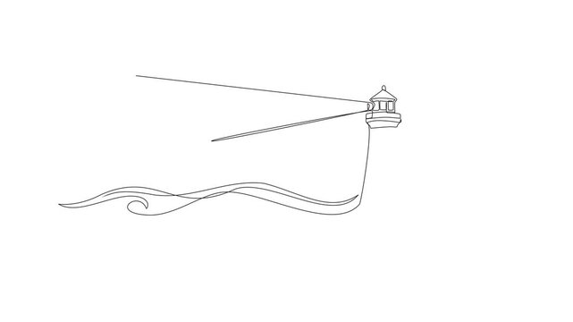 Line drawing of lighthouse with light beams and waves