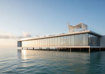 Fototapeta premium A large glass building sitting on top of a body of water