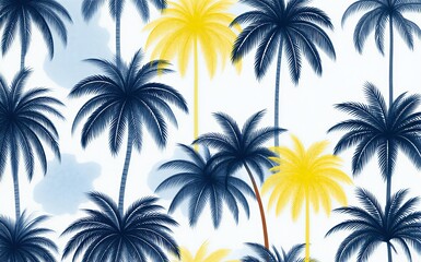 Obraz premium Tropical palm trees in navy and yellow serene beach vibe.