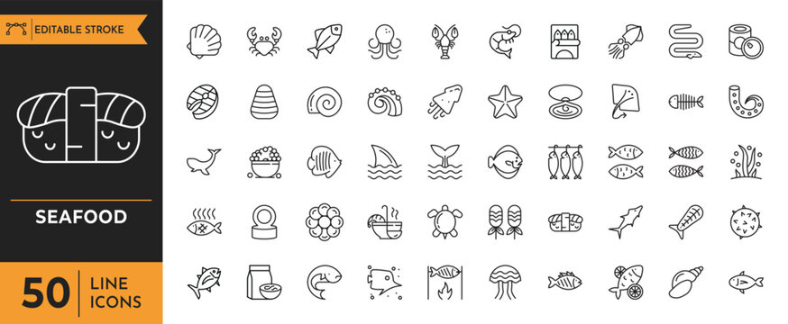 A variety of seafood icons including fish, shrimp, and oysters are illustrated.