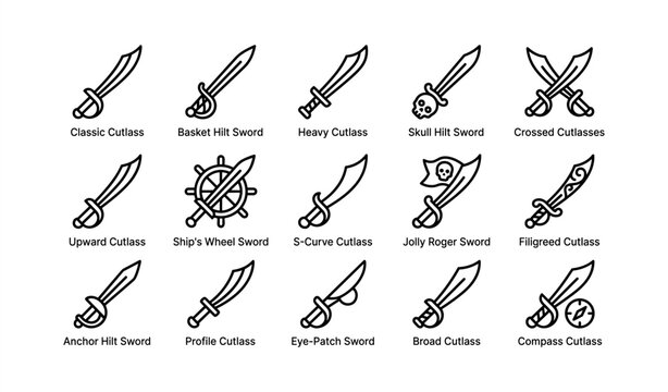 Variety of cutlasses and swords with unique designs