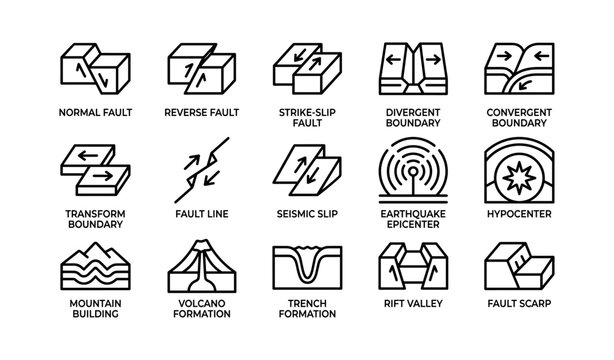 Geological faults and structures: diagrams of fault lines, boundaries, and tectonic formations