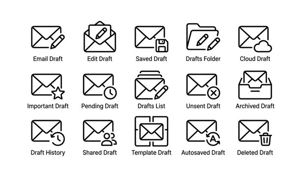 Email draft icons collection: editing, saving, cloud, and more options